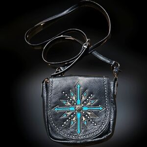 Black and Blue Embellished Studded Western Women's Crossbody Leather Bag Details